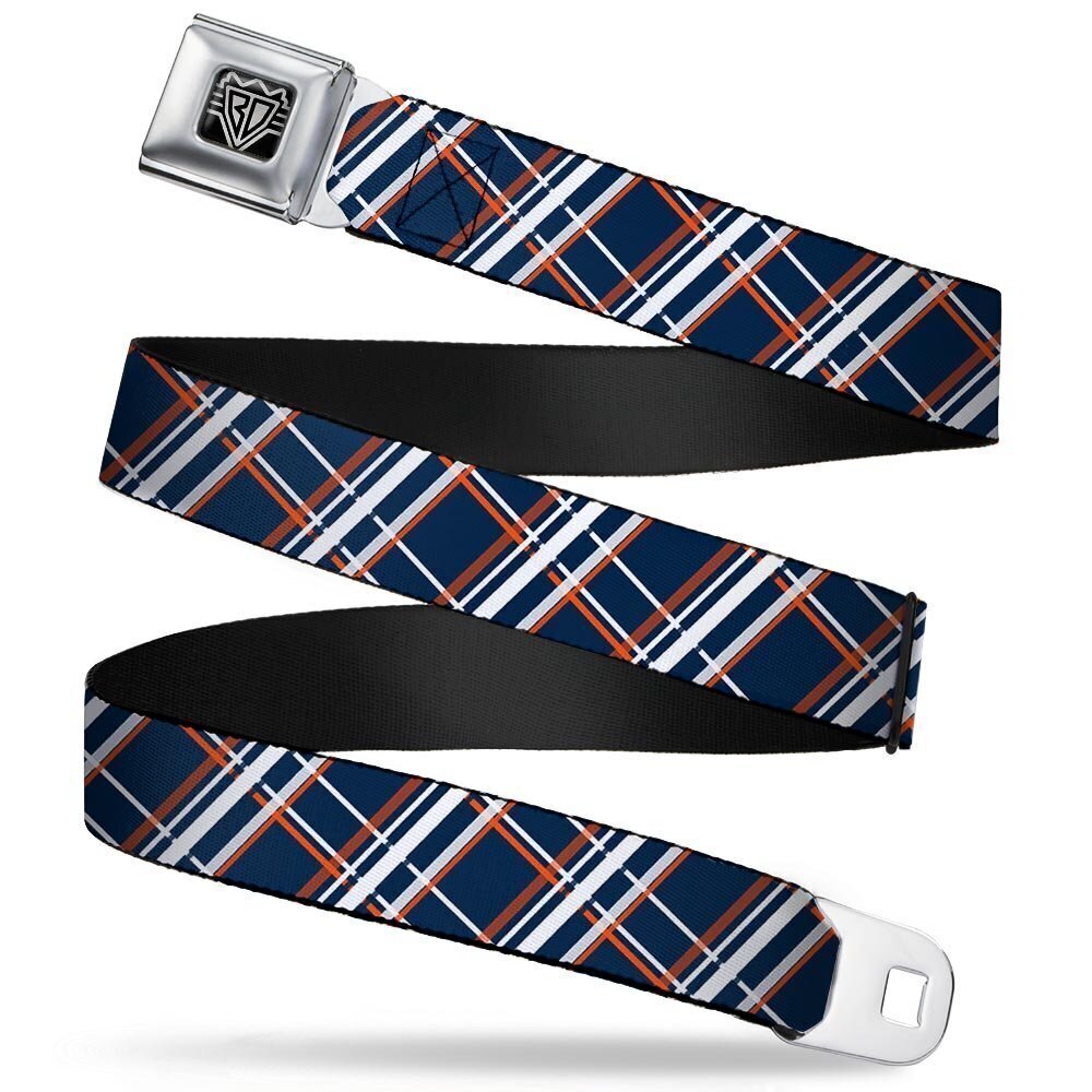 9498 Seatbelt Belt - Plaid X2 Navy/White/Orange - 1.0" Wide - 20-36 Inches